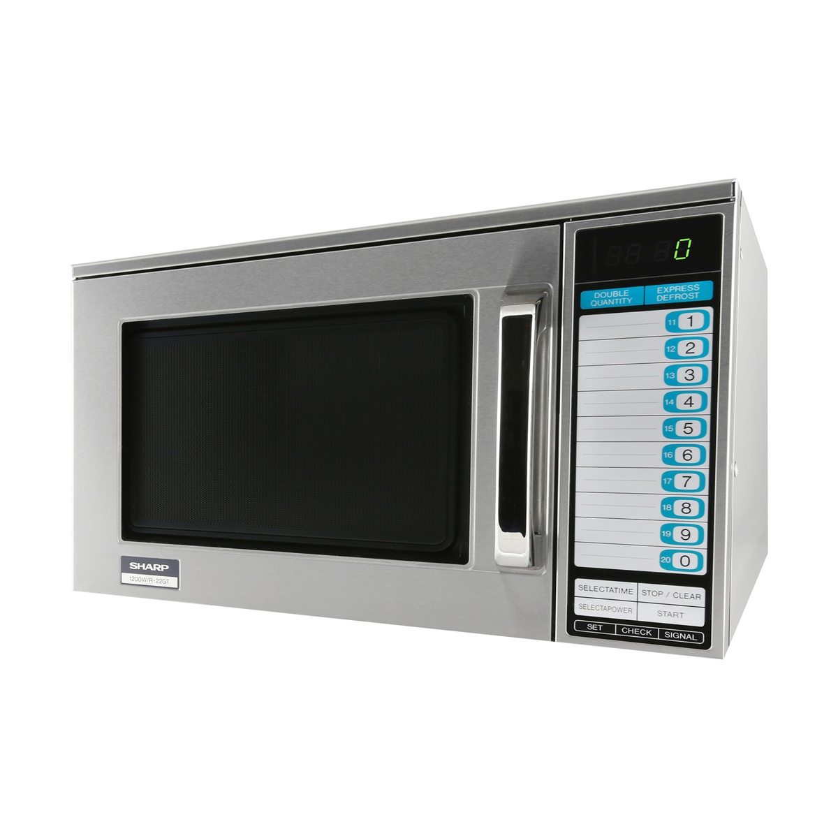 Angled view of Sharp R-22GTF commercial microwave showing control panel
