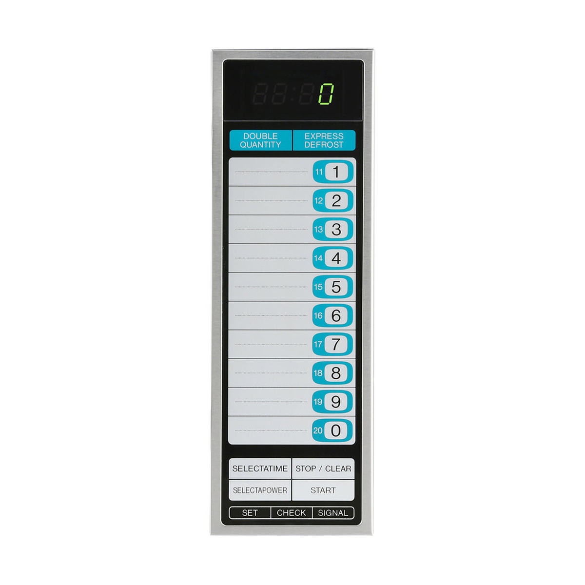 Sharp R-25JTF microwave control panel close-up with Double Quantity and Express Defrost buttons