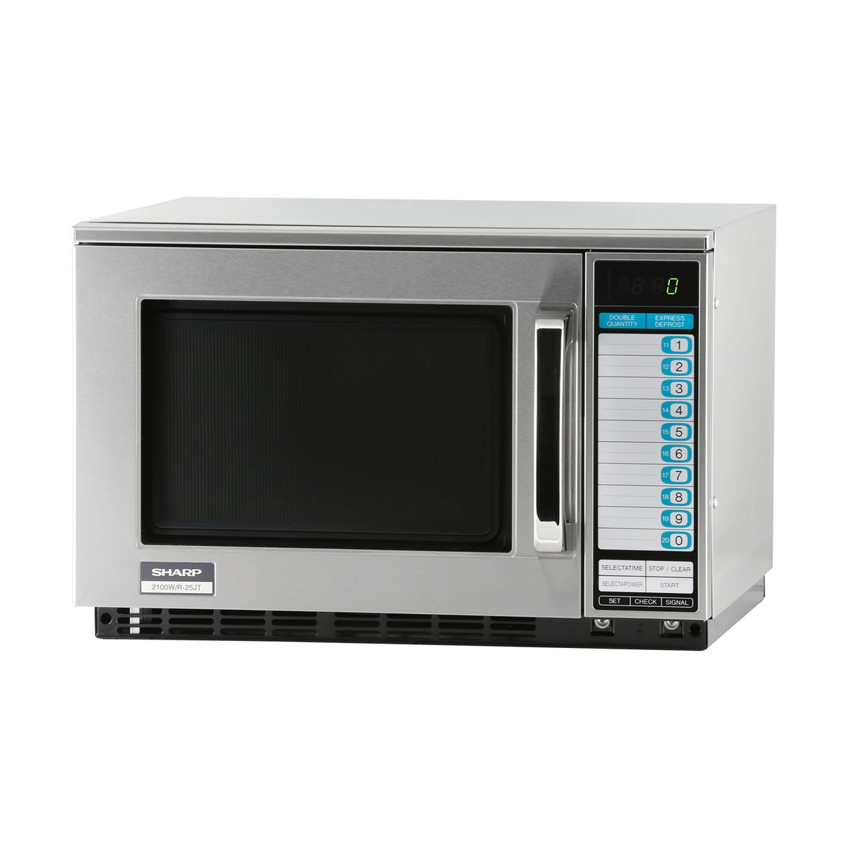 Sharp R-25JTF commercial microwave oven front angle showing control panel