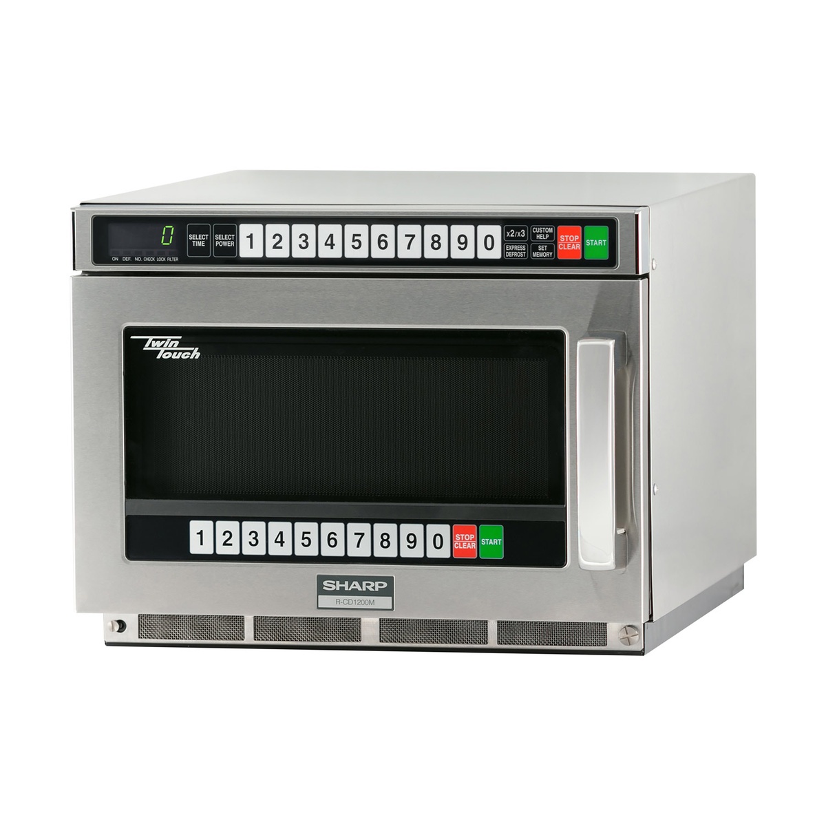 Angled right view of Sharp R-CD1200M TwinTouch commercial microwave