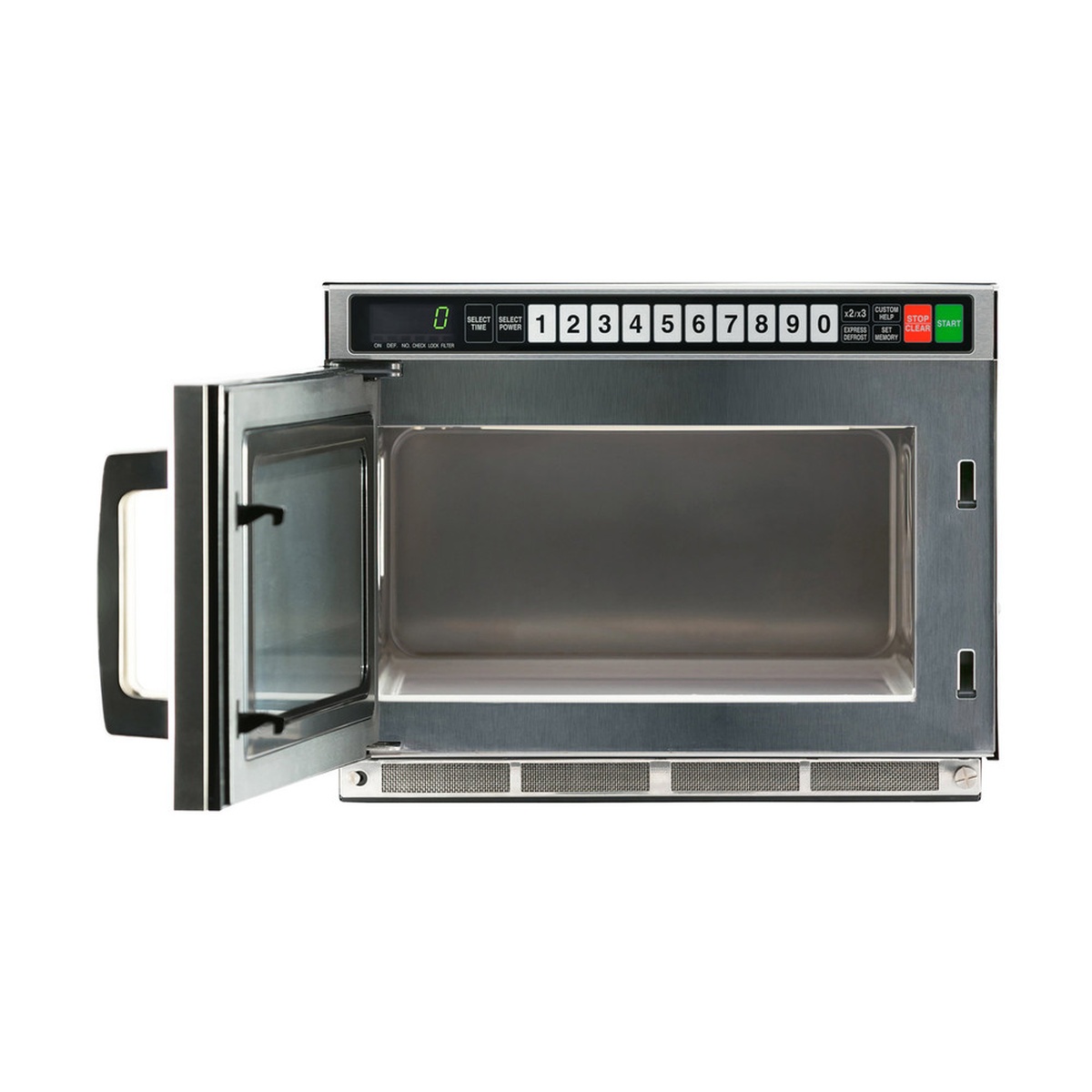Sharp R-CD1200M commercial microwave with door open showing stainless interior cavity