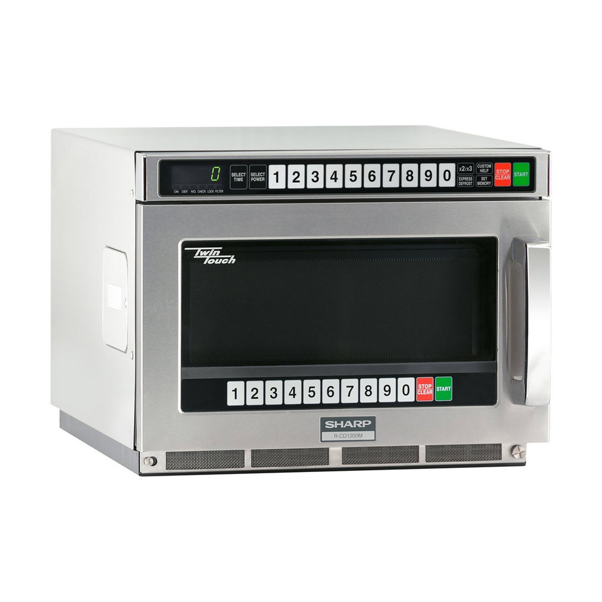 Angled left view of Sharp R-CD1200M commercial microwave on white background