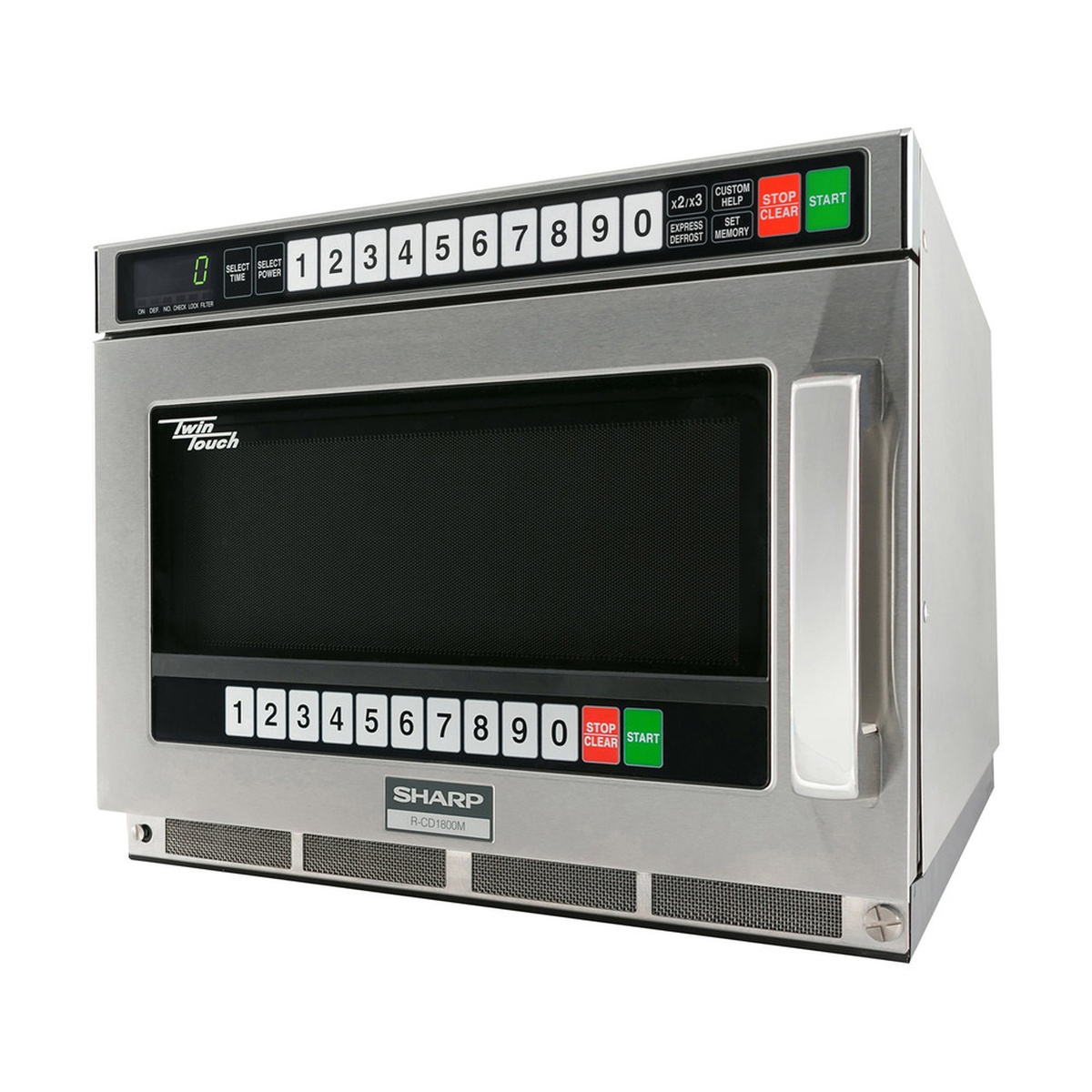 Angled view of Sharp R-CD1800M microwave showing door handle and control panel