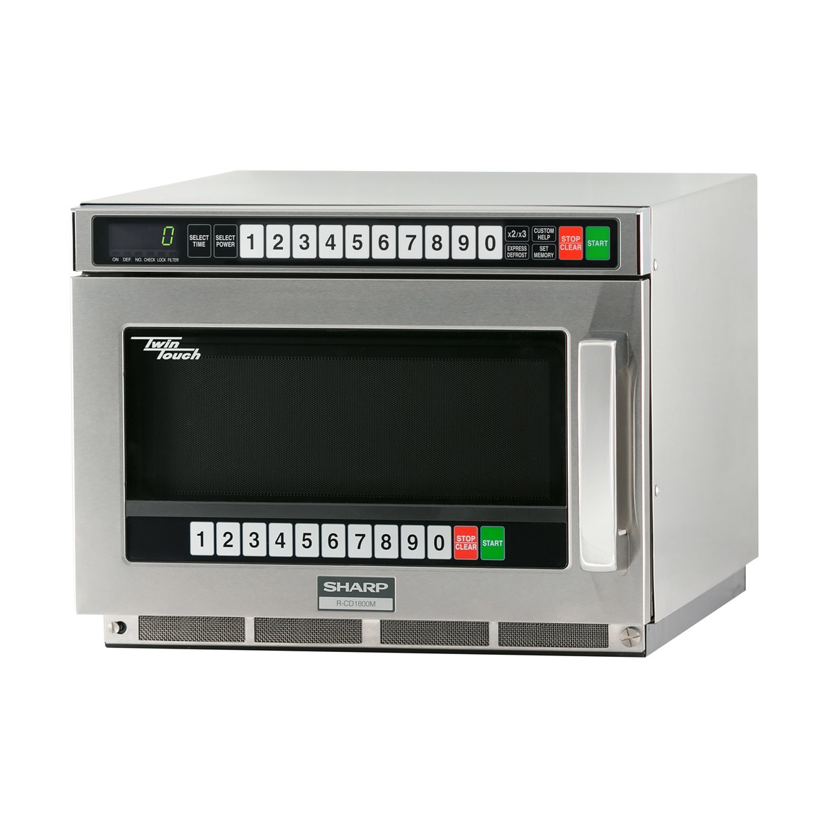 Sharp R-CD1800M microwave three-quarter view showing control area and door