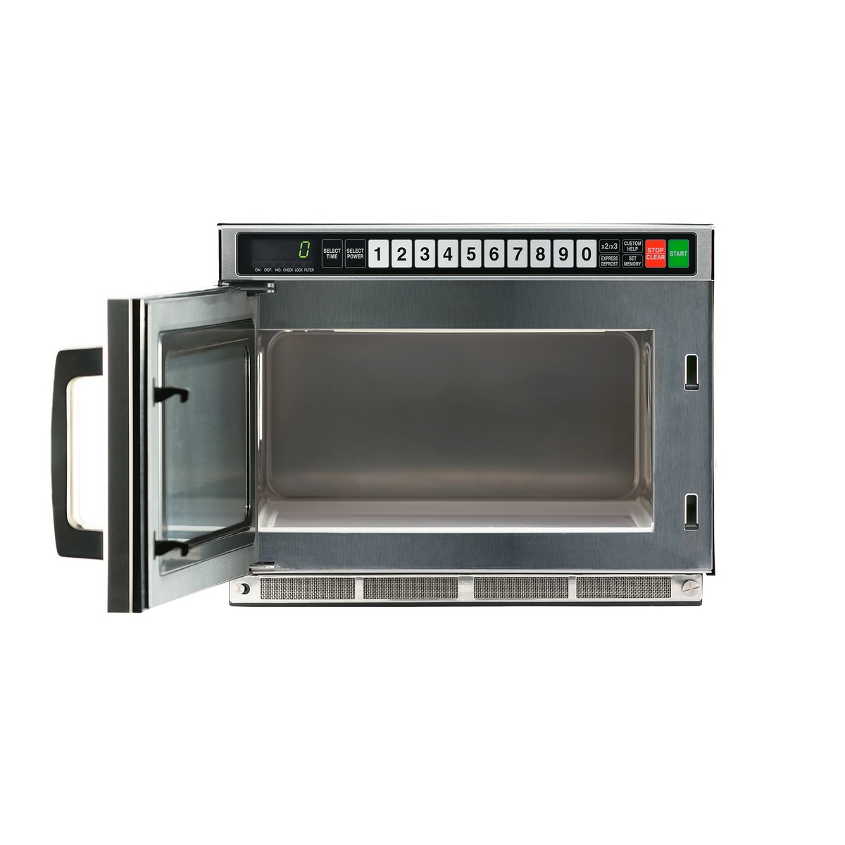 Sharp R-CD2200M microwave oven with door open showing stainless steel interior