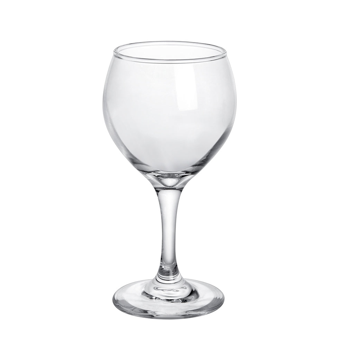 Enhanced Glassware R0210LB clear teardrop white wine glass with stem and round base on white background