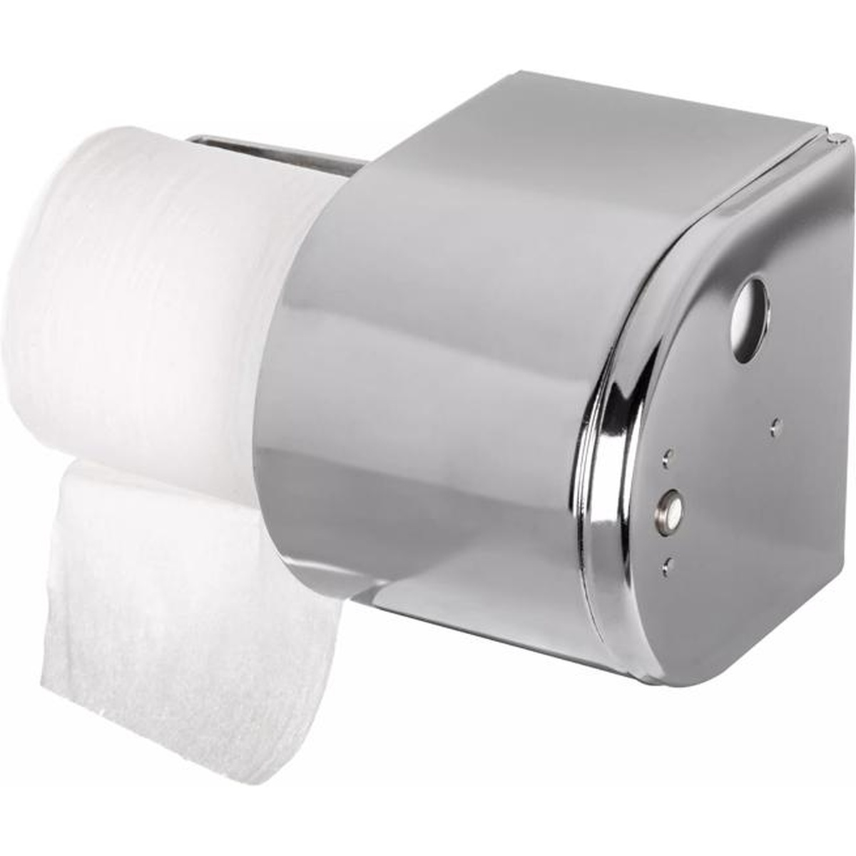 San Jamar R1500XC chrome double roll tissue dispenser shown loaded with two standard toilet paper rolls