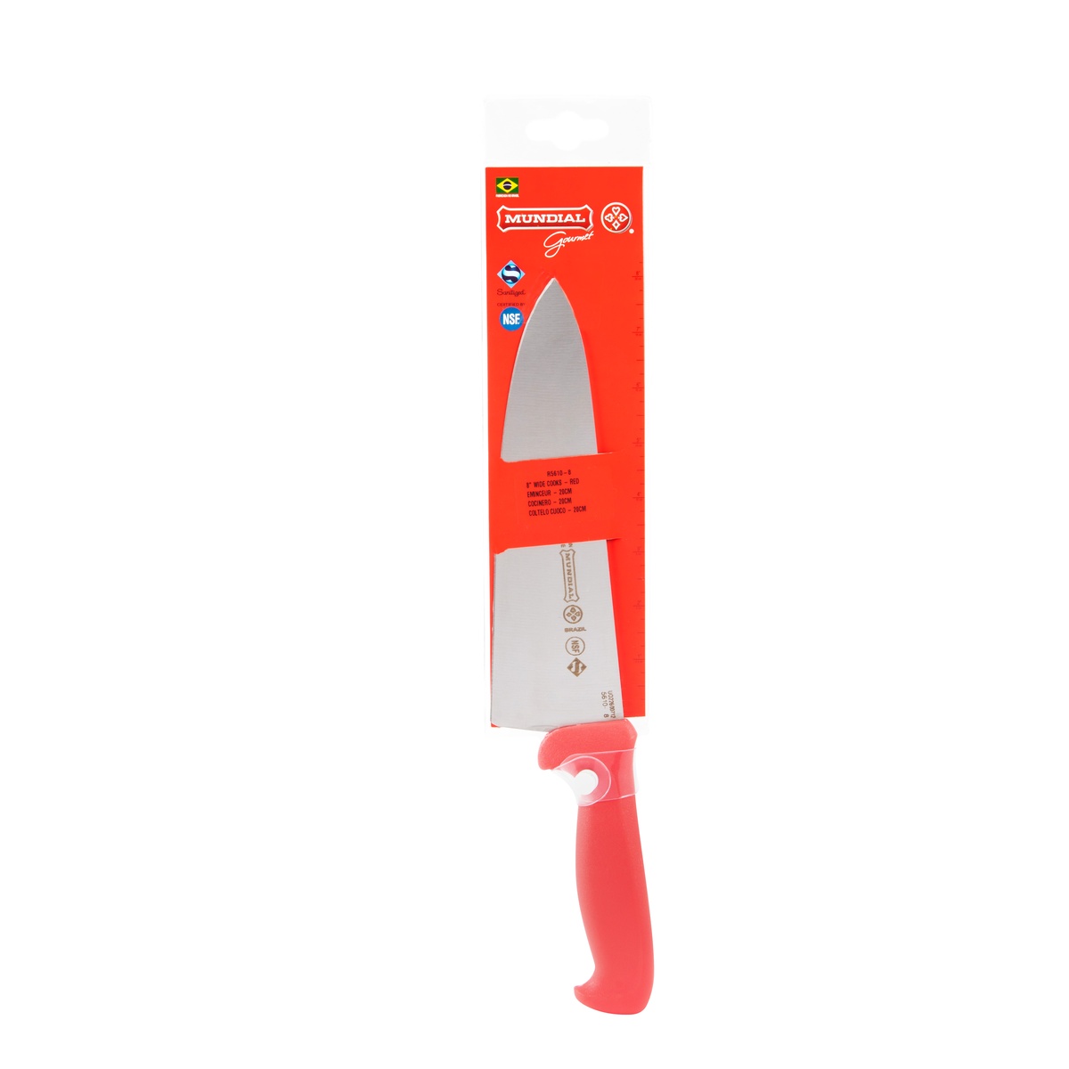 Mundial 8-inch cook's knife in its retail packaging with NSF and Sanitized logos