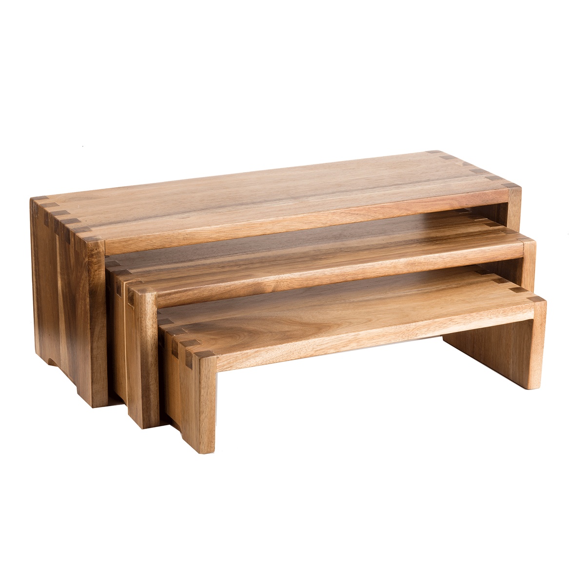 Three acacia wood Cascade Risers nested together in graduated sizes, angled view on white background