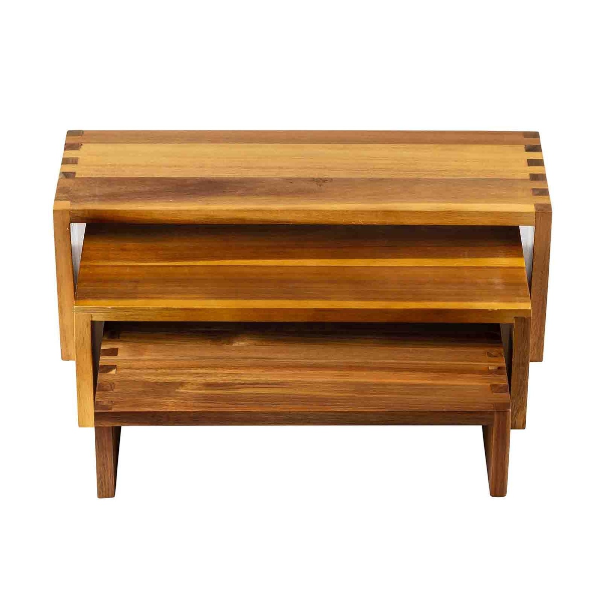 Front view of three TableCraft acacia wood cascade risers in graduated heights, nested on white background