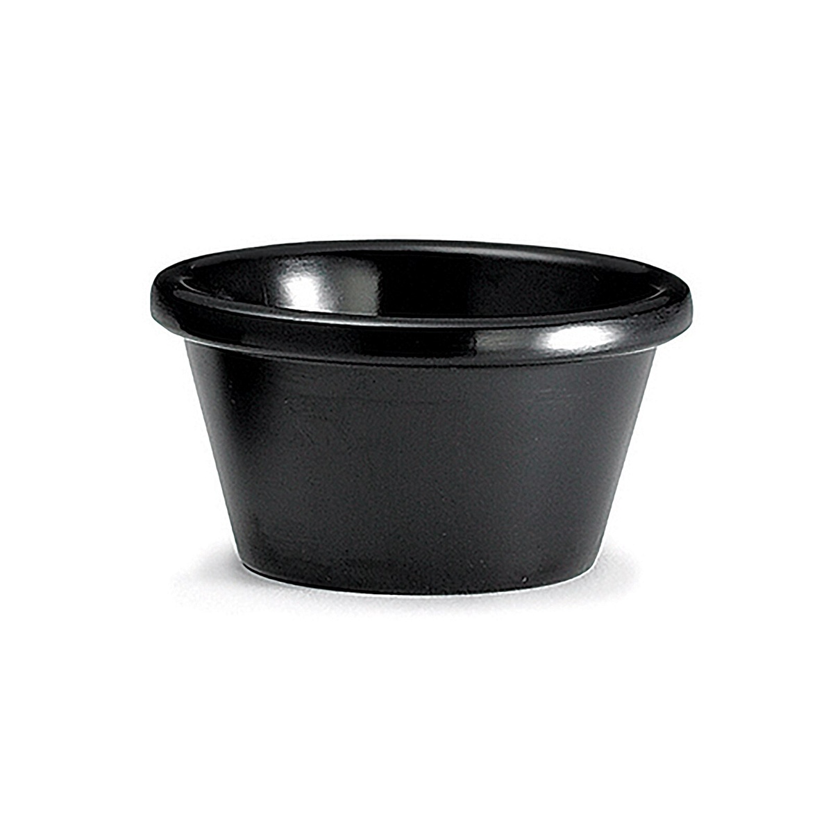 TableCraft RAM3BK 3 oz black melamine smooth ramekin, side view showing tapered exterior
