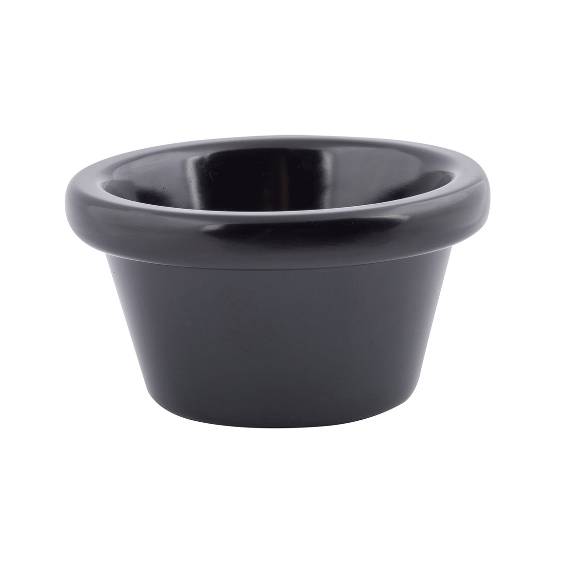 TableCraft RAM3BK black melamine ramekin, angled side view highlighting smooth walls and rolled rim
