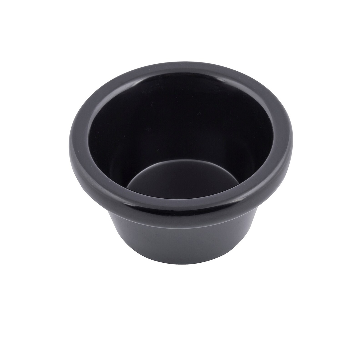 TableCraft RAM3BK black melamine ramekin viewed from above at an angle, showing the open interior
