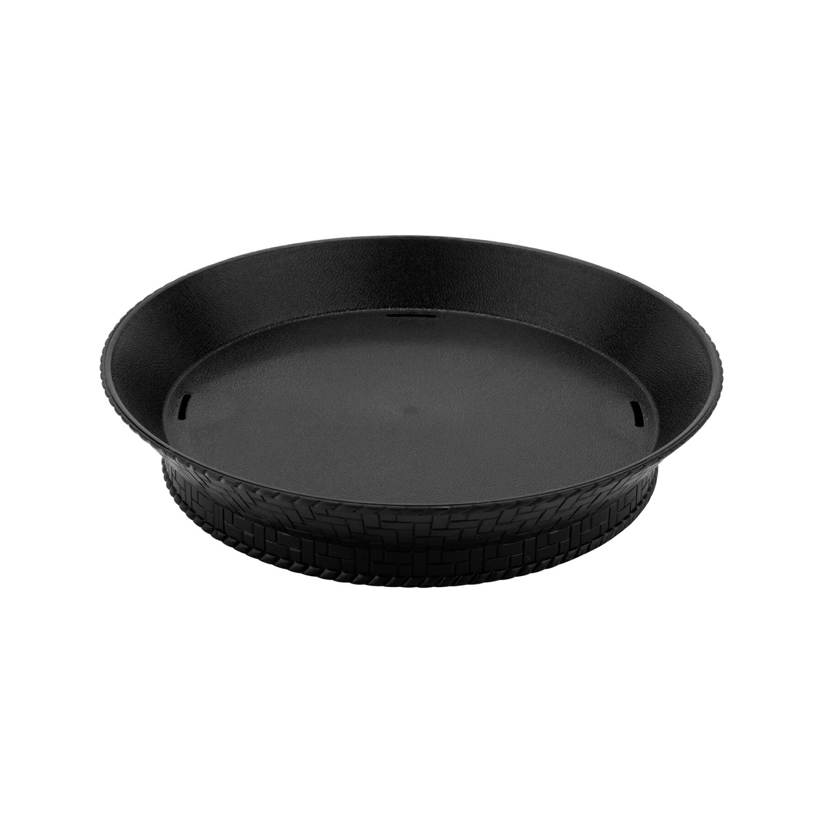 GET RB-880-BK black round polypropylene basket with woven-texture base, angled view