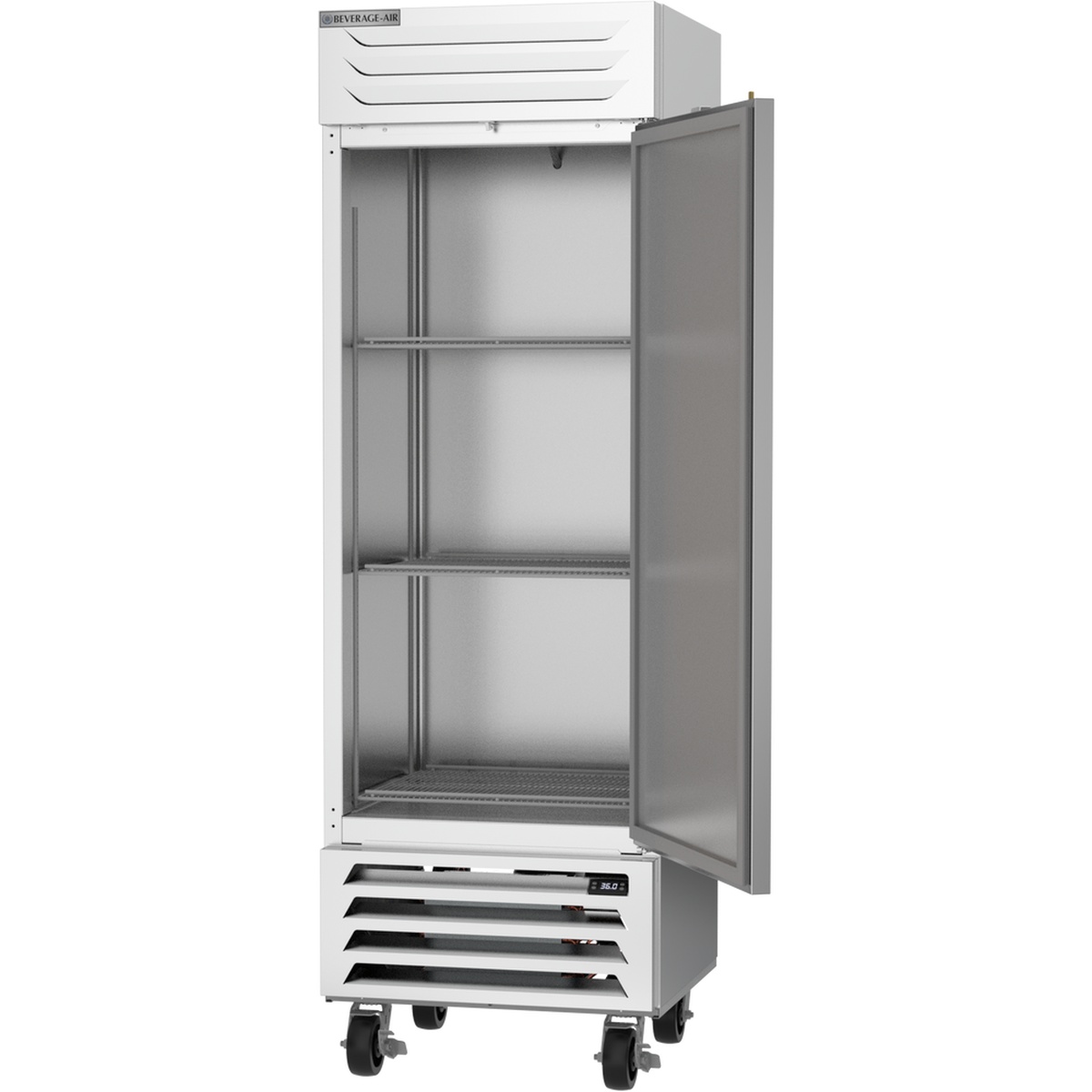 Beverage-Air RB19HC-1S front view with door open showing interior shelves and bottom-mounted refrigeration grille