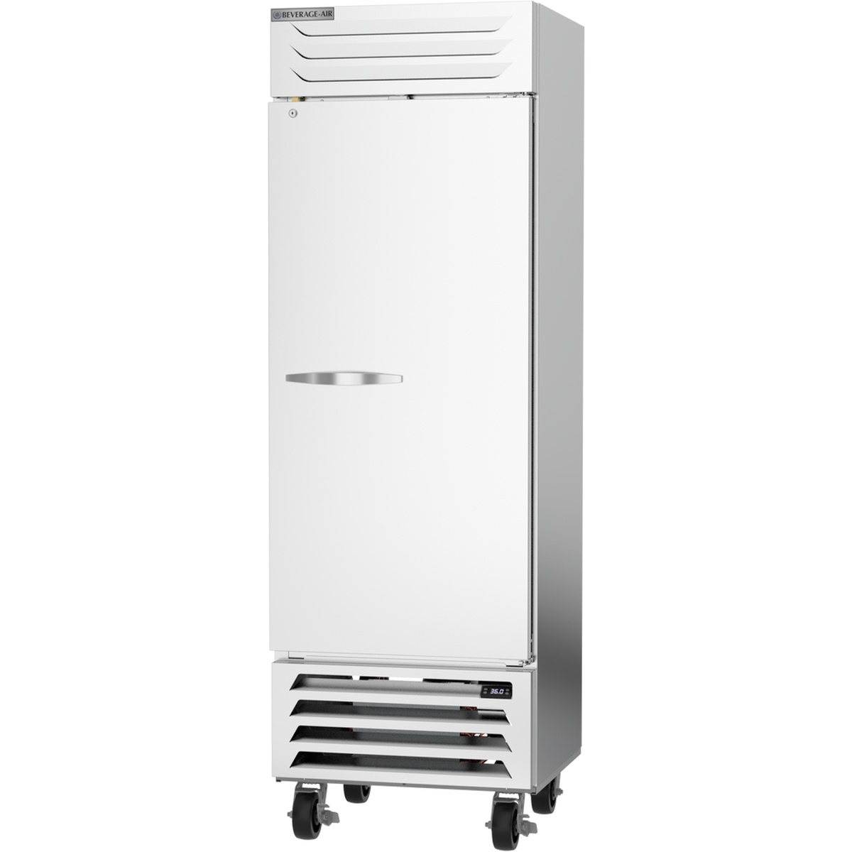 Beverage-Air RB19HC-1S white exterior finish solid door reach-in refrigerator on casters, angled view
