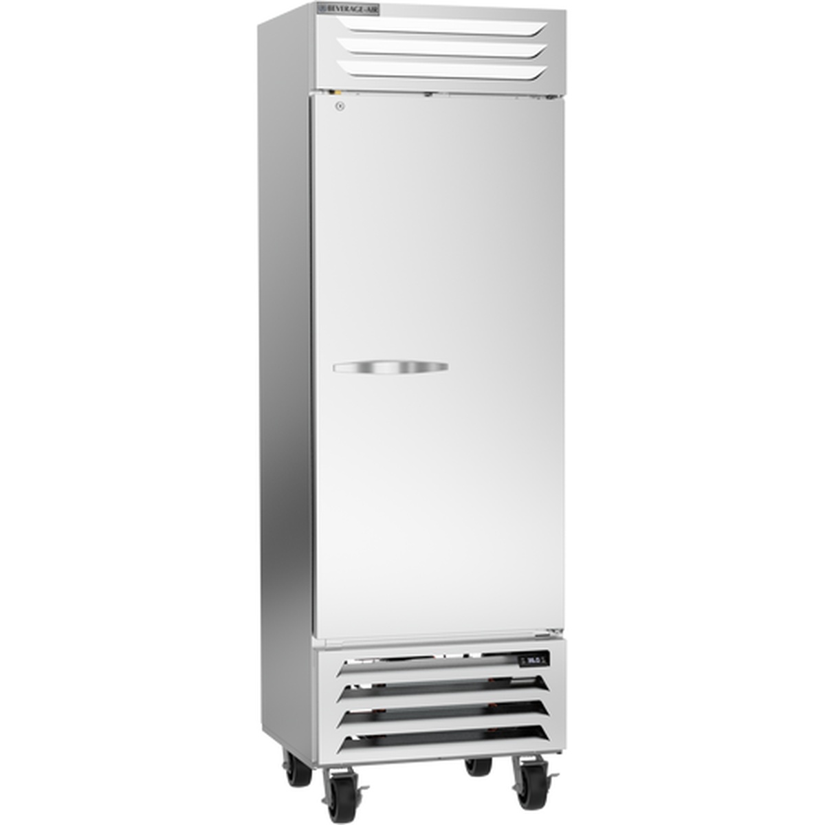 Beverage-Air RB19HC-1S stainless steel solid door reach-in refrigerator, closed door angled view on casters