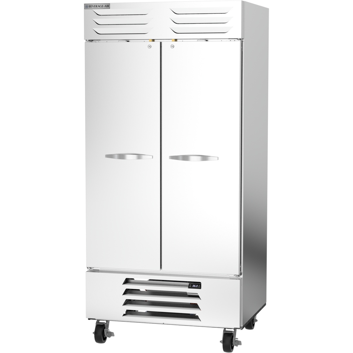 Beverage-Air RB35HC-1S reach-in refrigerator front view showing two solid lockable doors with handles and bottom electronic control display
