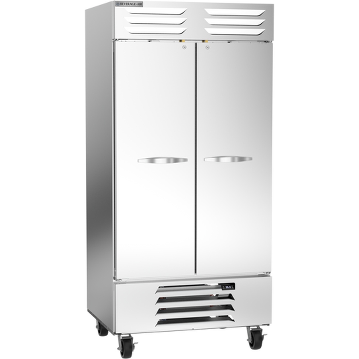 Beverage-Air RB35HC-1S two-door solid door reach-in refrigerator, angled exterior view showing stainless steel front and bottom-mounted compressor on casters