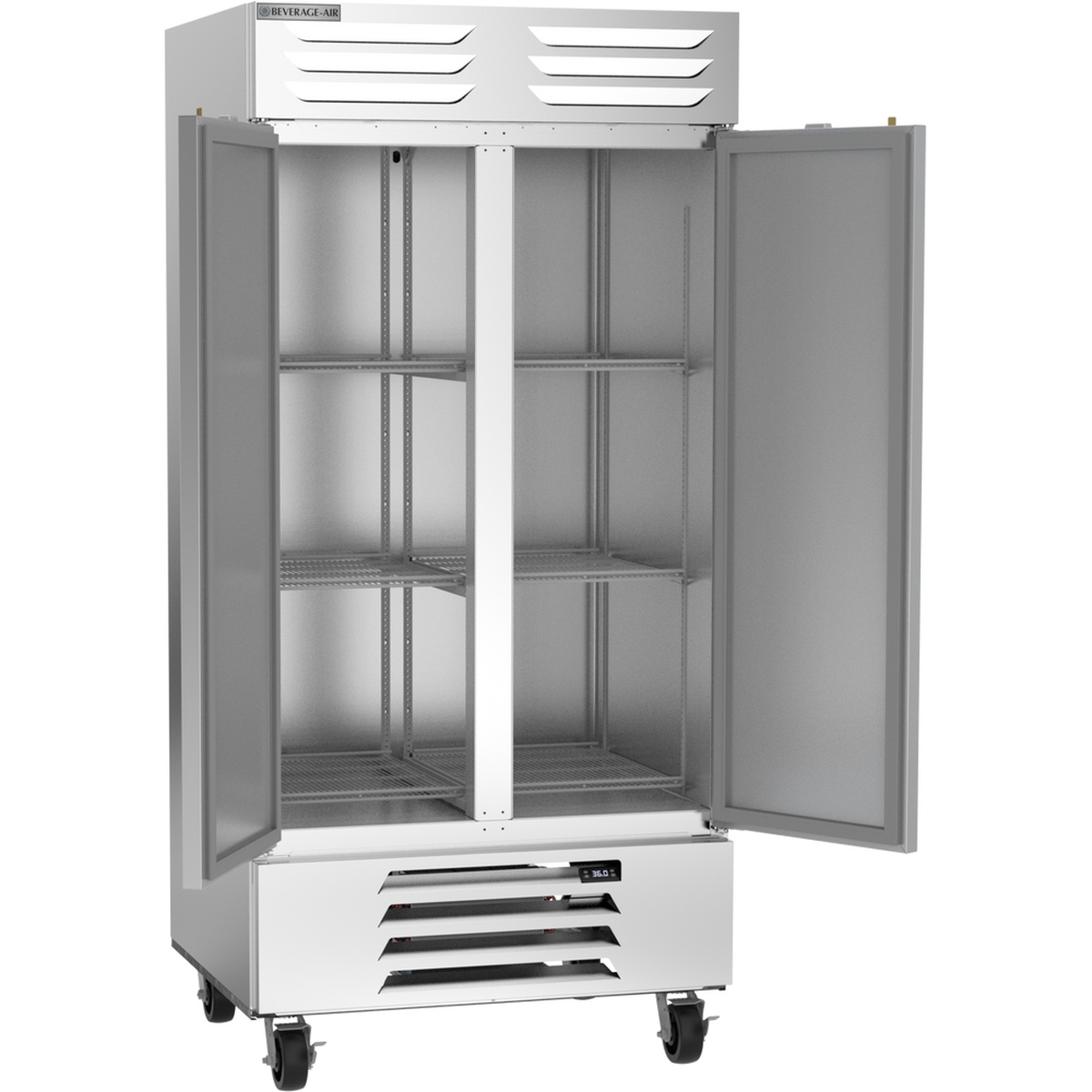 Beverage-Air RB35HC-1S refrigerator with both doors fully open from the front, showing full-depth interior shelving, adjustable shelf rails, and bottom-mounted refrigeration unit