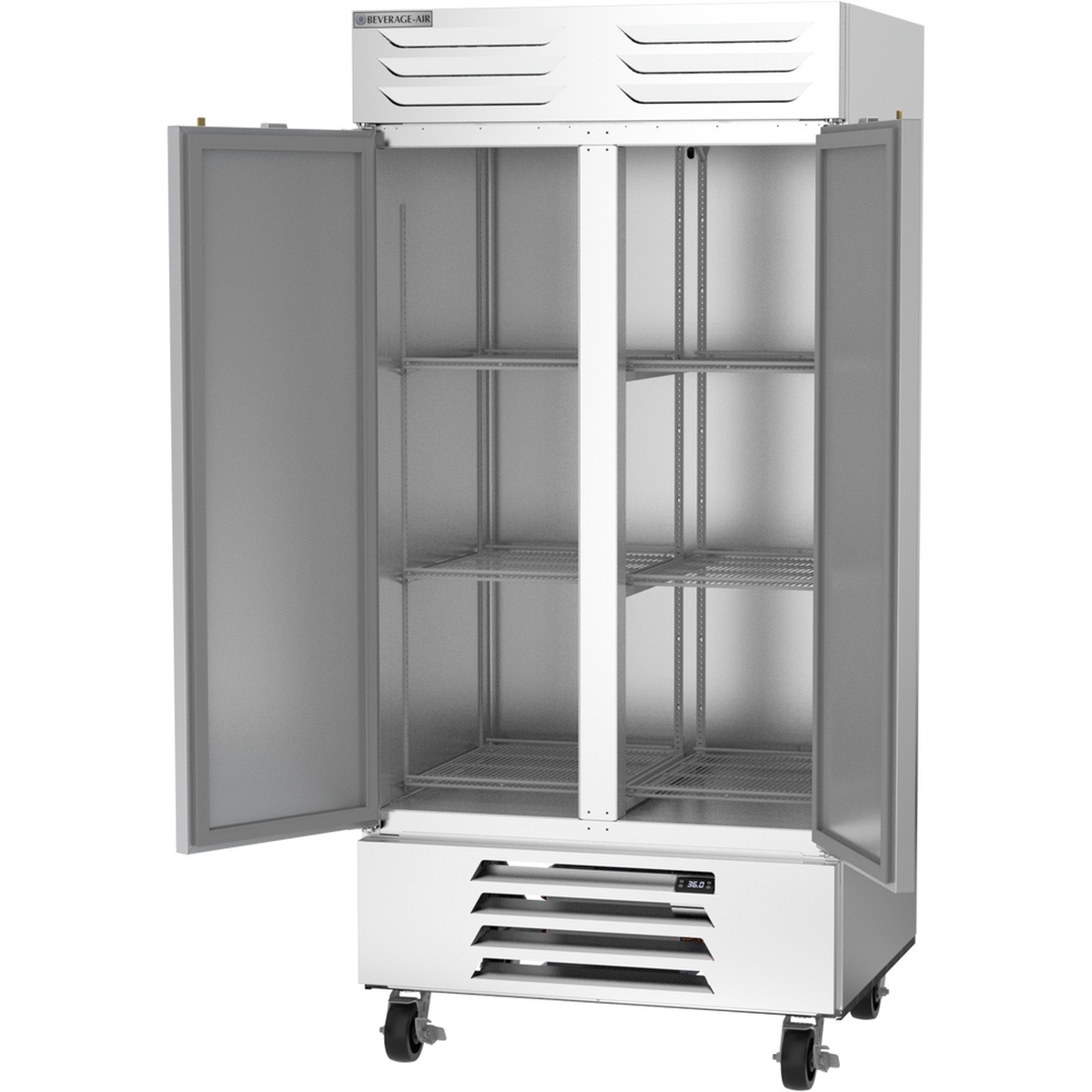 Beverage-Air RB35HC-1S interior view with both solid doors open, showing gray aluminum interior walls and adjustable epoxy-coated wire shelves