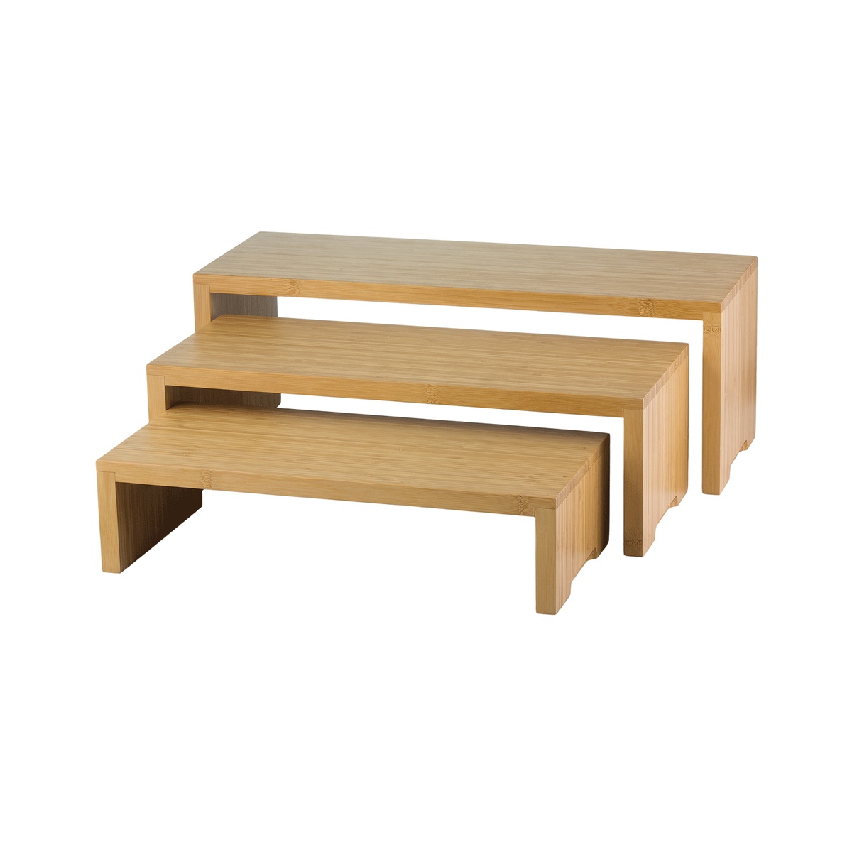 TableCraft RBAM300 set of three bamboo cascade risers arranged in a fanned tiered step display