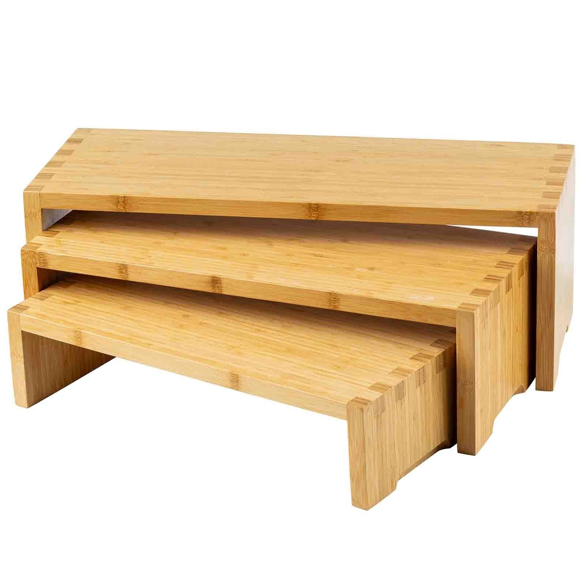 Close-up angled view of bamboo cascade risers showing dovetail corner joinery detail and natural grain