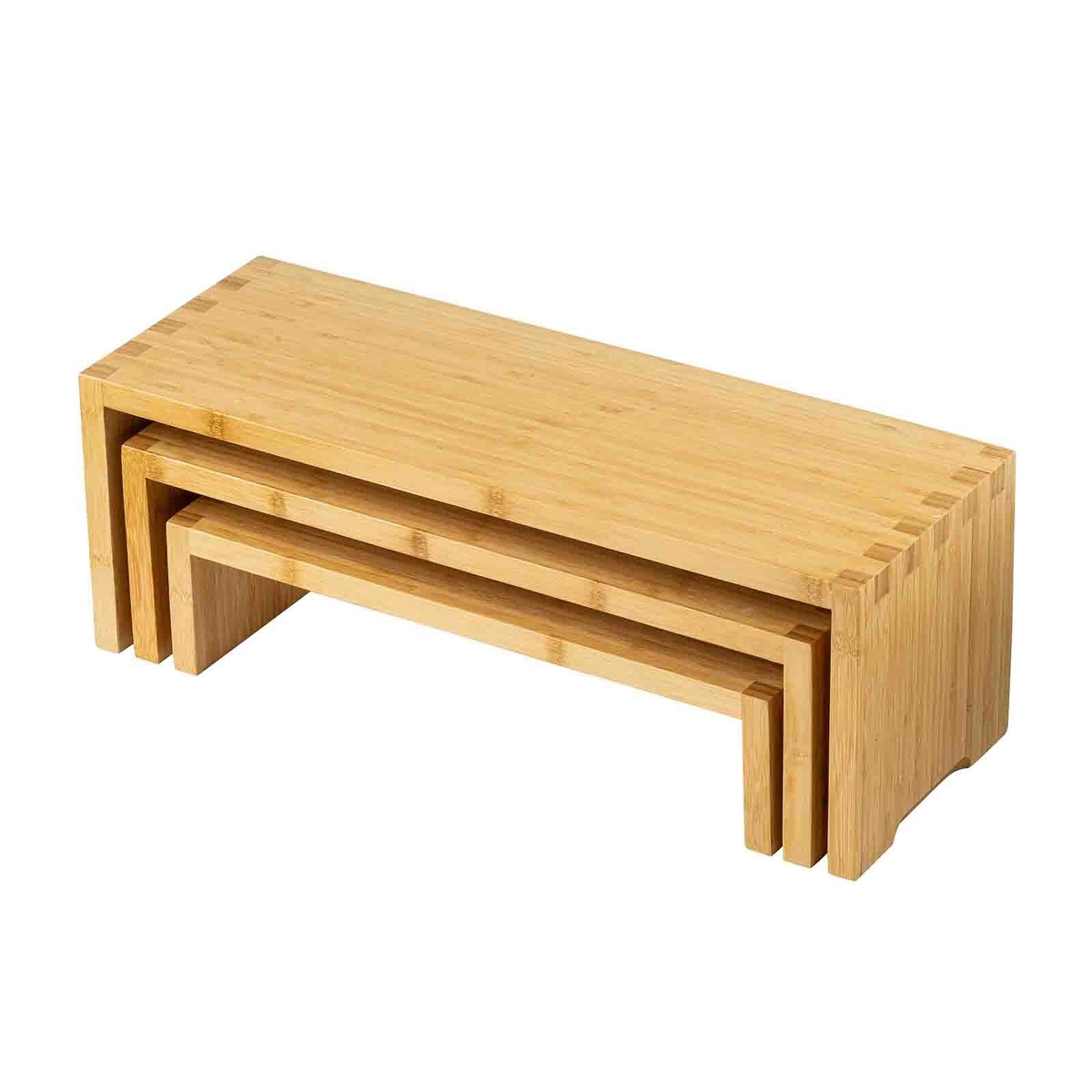 Three bamboo cascade risers nested together in compact stacked configuration for storage