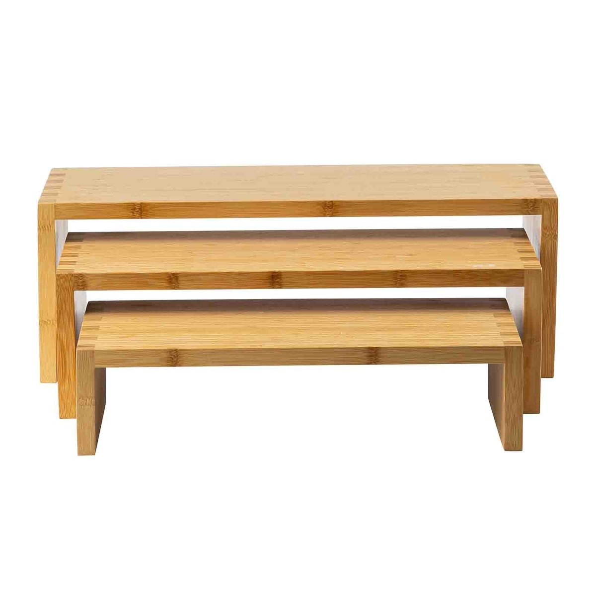 Front-facing view of three TableCraft bamboo cascade risers arranged in descending stair-step tiers