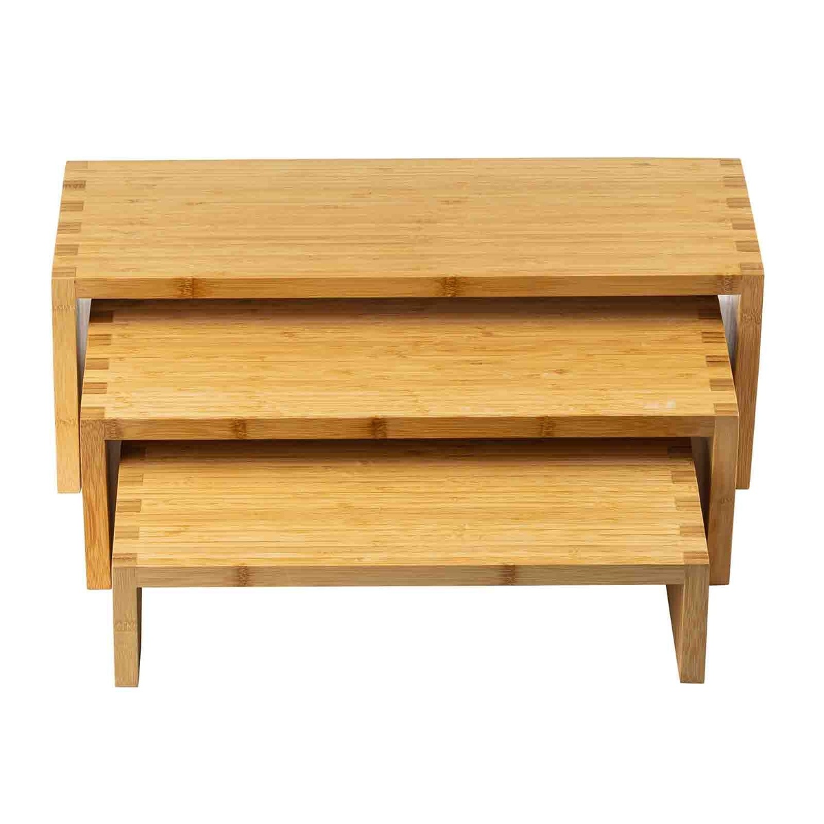 Front view of three TableCraft bamboo cascade risers nested together in a tiered formation