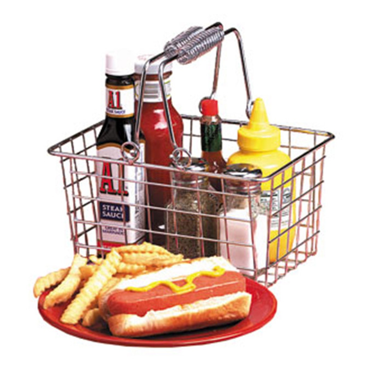 American Metalcraft RBHC759 chrome rectangular wire basket with double handles holding condiment bottles