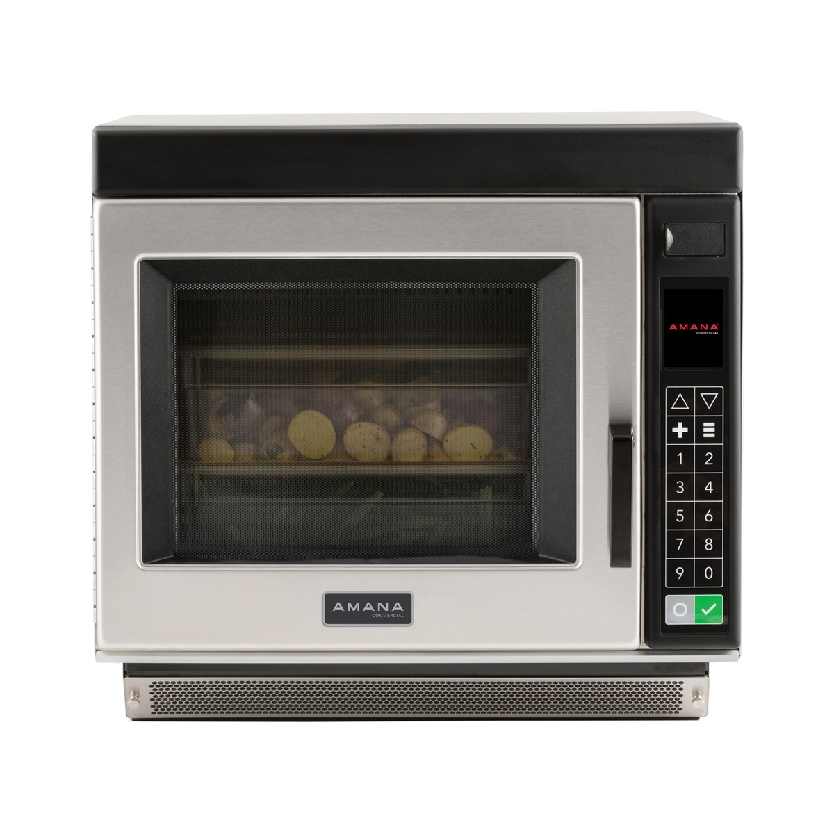 Front view of Amana RC17S2 microwave with food visible through the door window