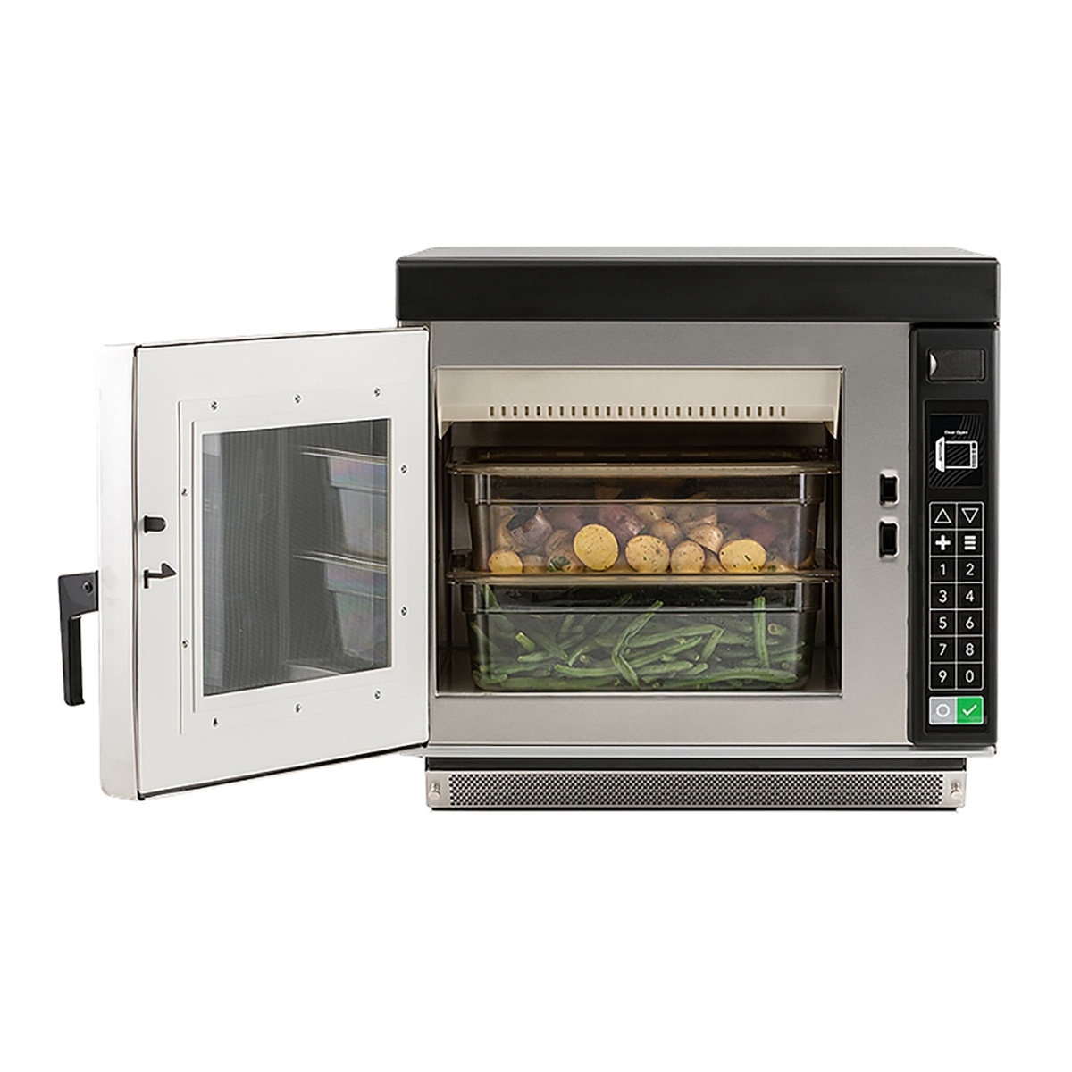 Amana RC17S2 microwave with door open showing interior capacity for half-size pans