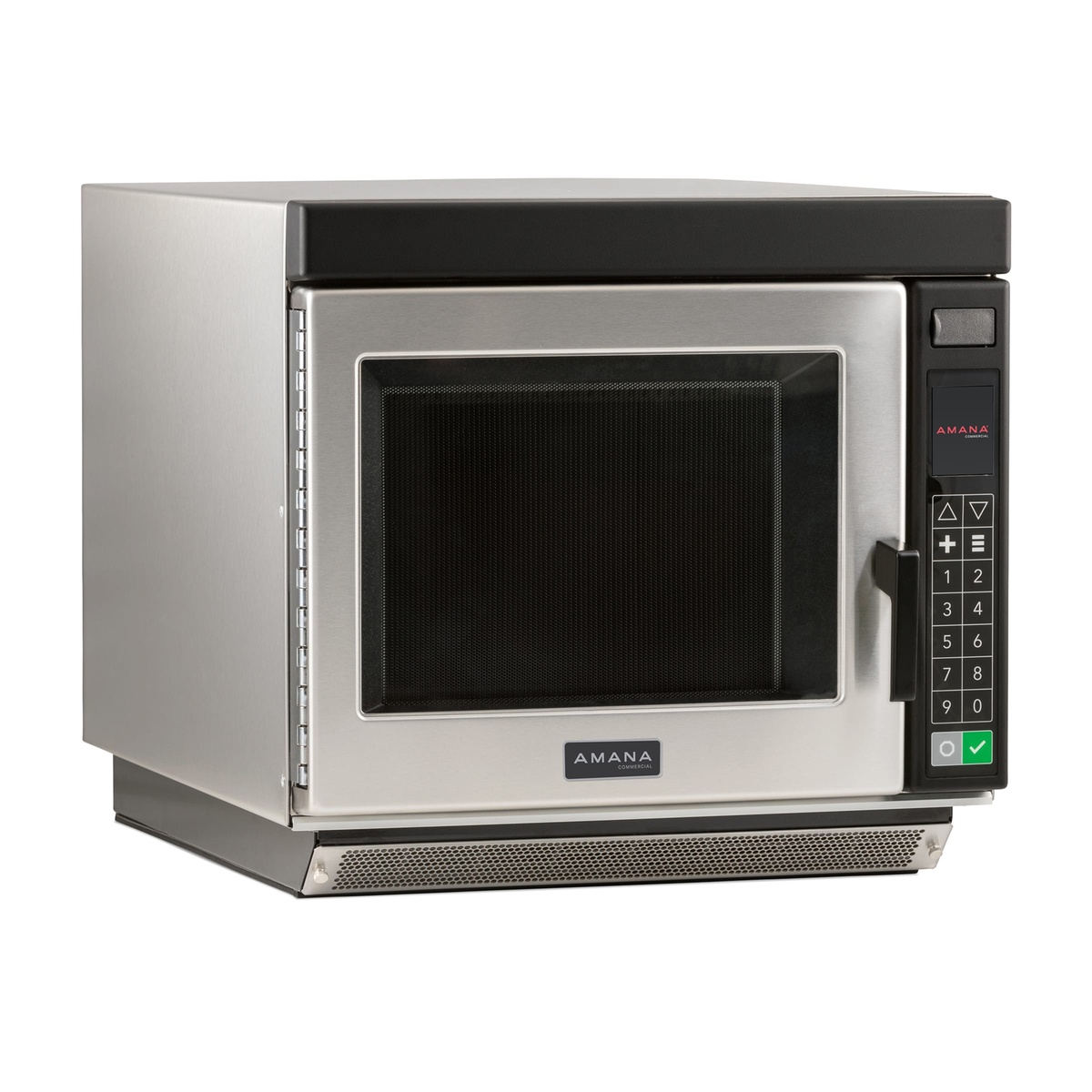 Angled view of Amana stainless steel commercial microwave with side-hinged door