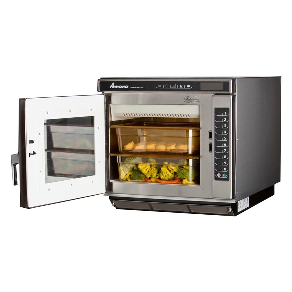 Amana commercial microwave oven with door open showing interior shelves