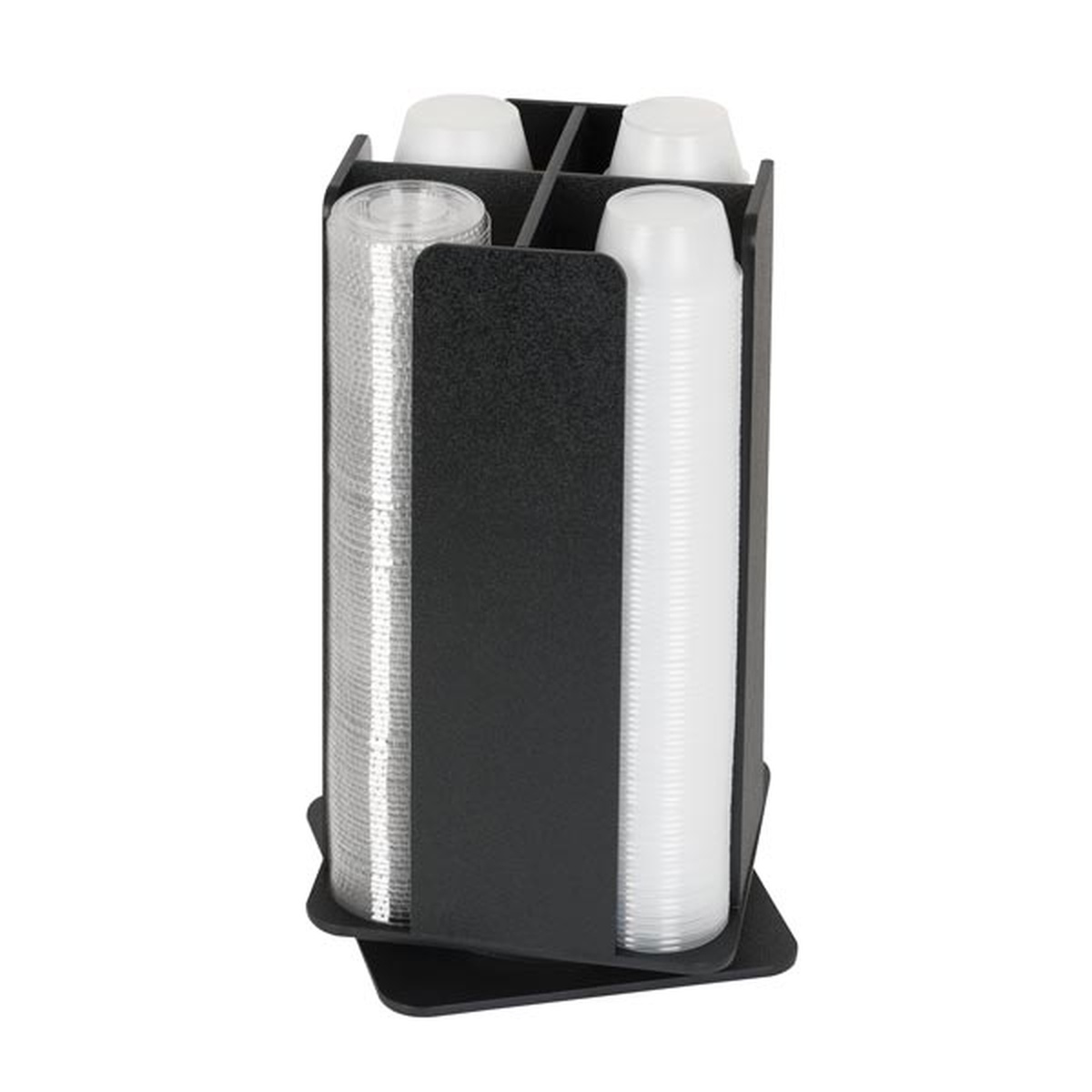 Dispense-Rite RCLO-SM-4BT black polystyrene four-compartment revolving portion cup and lid organizer with stacked cups and lids loaded