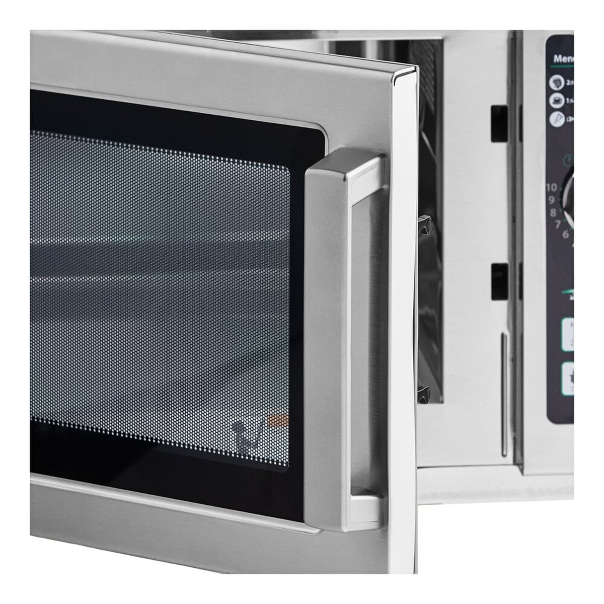 Close-up of the Amana RCS10DSE microwave door handle and control panel