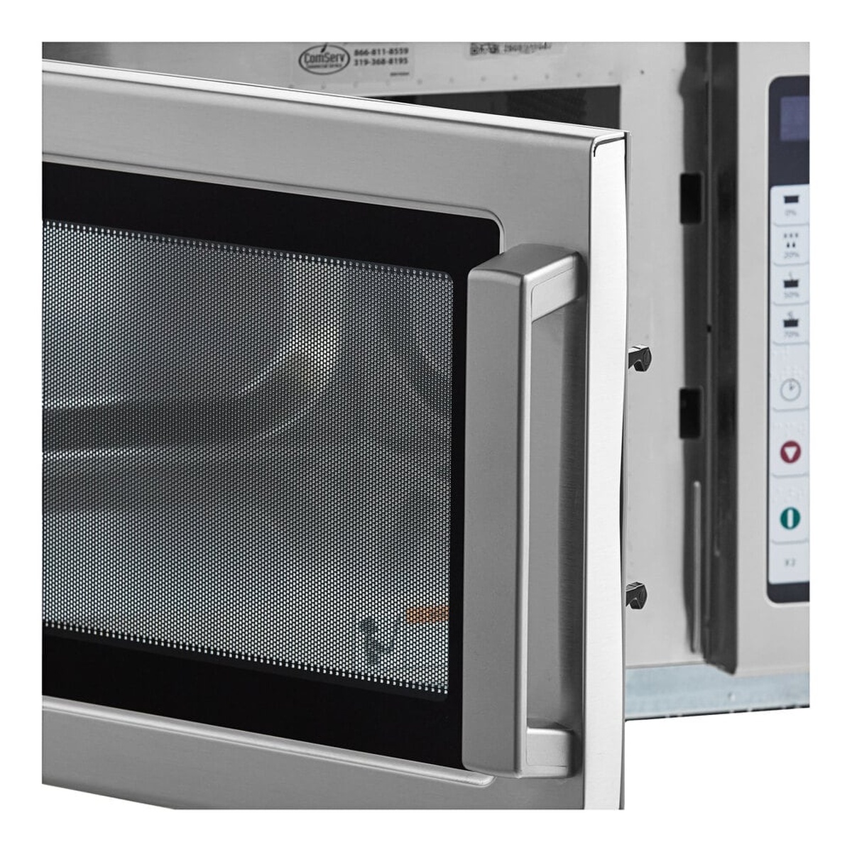 Amana RCS10TS microwave door open showing tempered glass door and handle