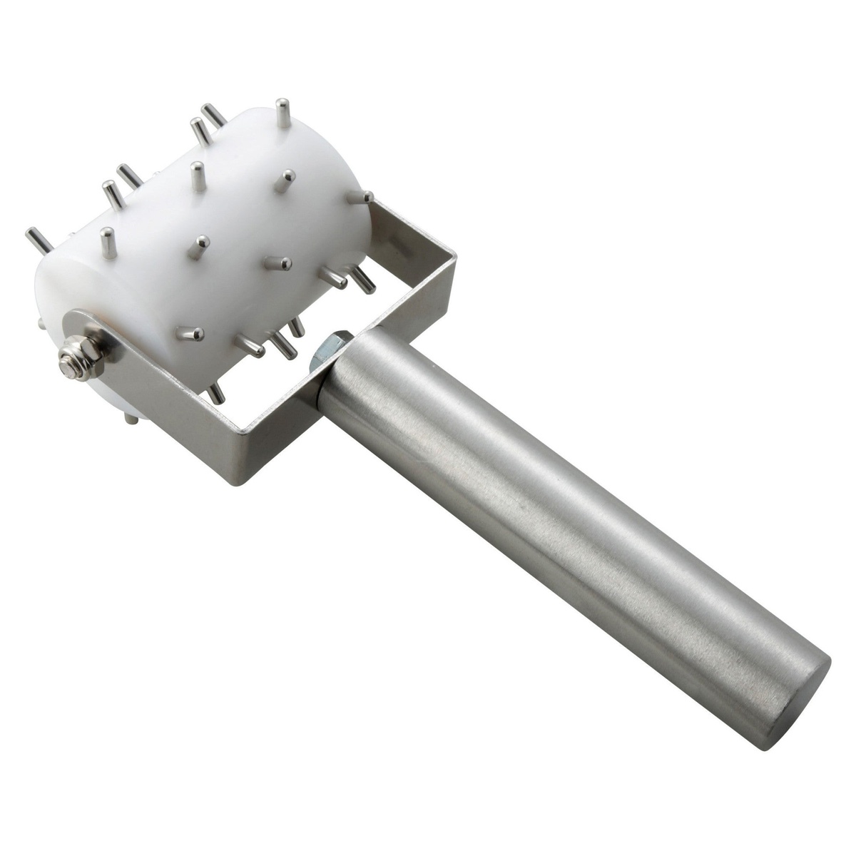 Winco RD-2 dough roller docker with white plastic barrel, stainless steel pins, and cylindrical stainless steel handle
