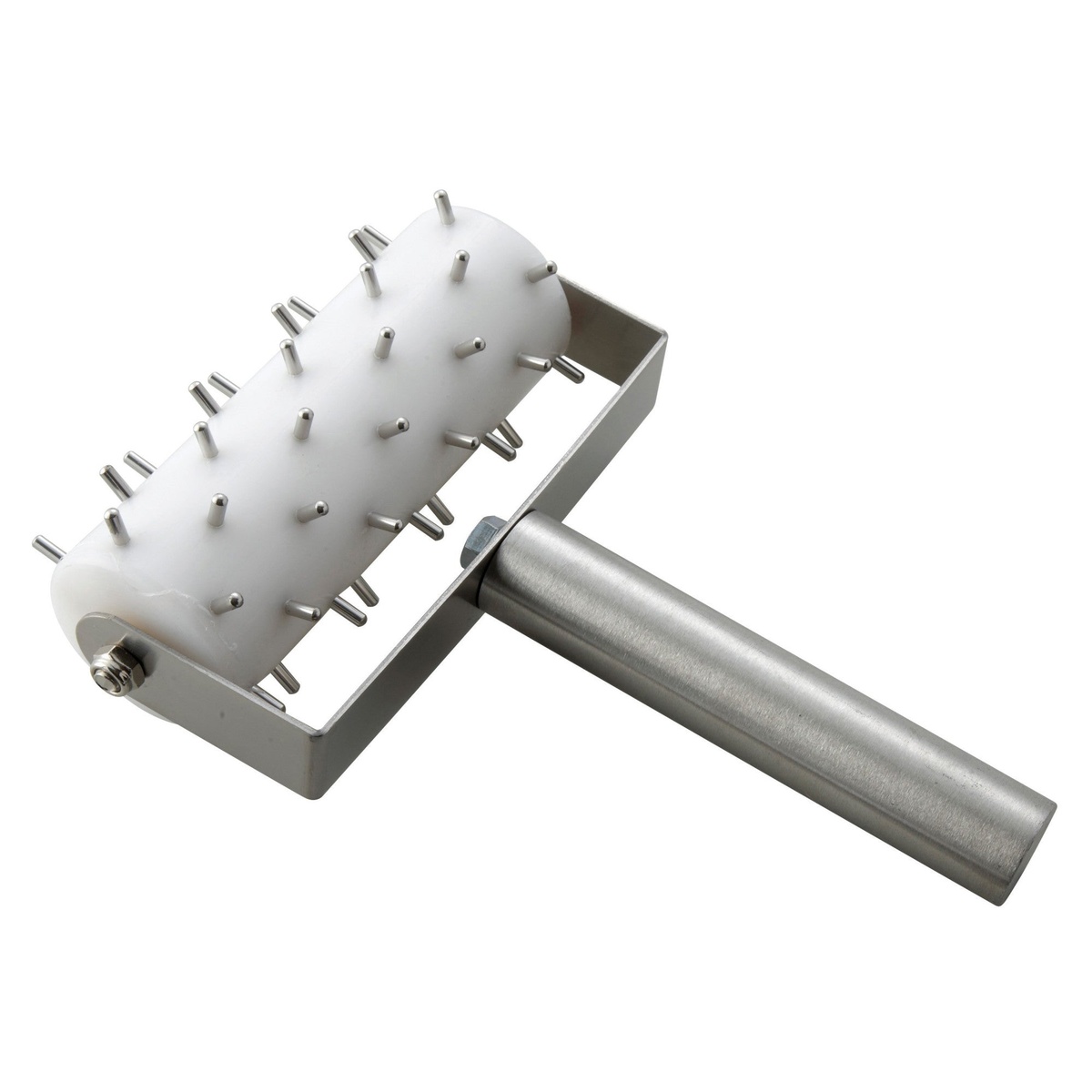 Winco RD-5 dough roller docker with white spiked roller head and stainless steel handle on white background