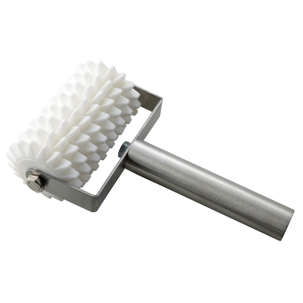 Winco RD-8 dough roller docker with white plastic wheels and stainless steel handle on white background