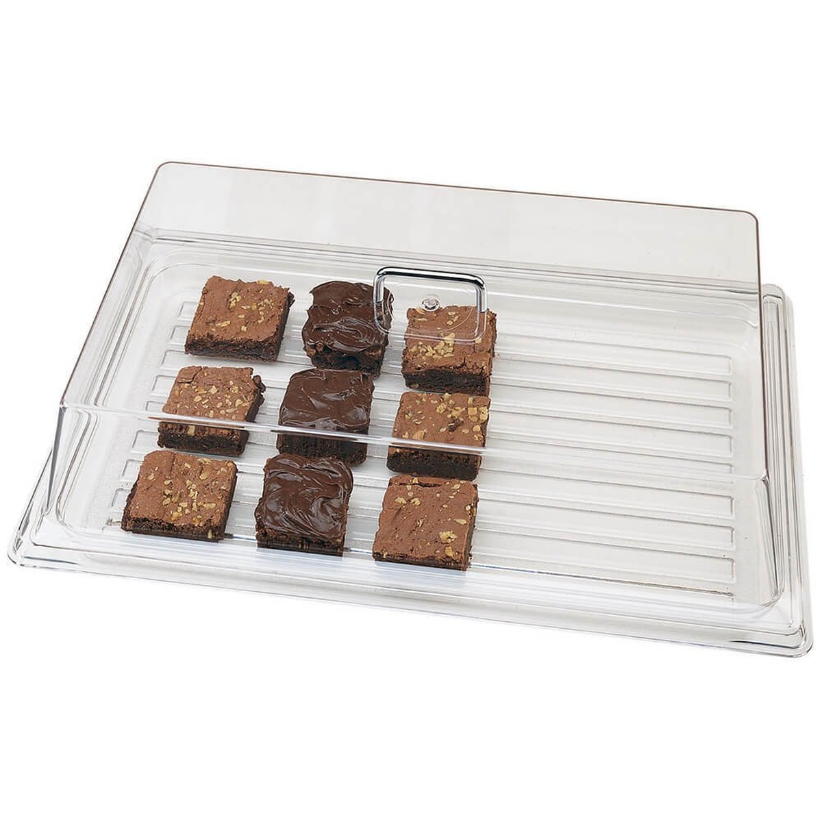 Cambro RD1220CW135 clear rectangular polycarbonate display cover with chrome handle over a tray of brownies
