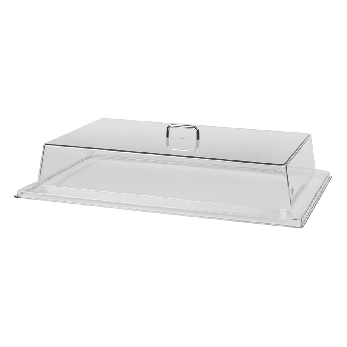Cambro RD1826CW135 clear rectangular polycarbonate display cover with chrome handle on white background