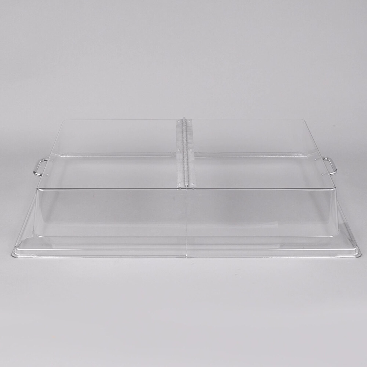 Cambro RD1826CWH135 clear rectangular polycarbonate display cover with hinged center and chrome handles