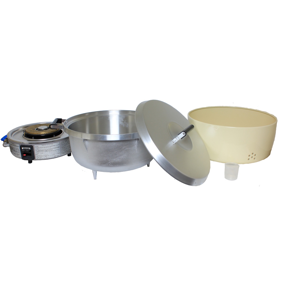 Rice cooker components shown disassembled including burner base, pot, lid, and outer casing