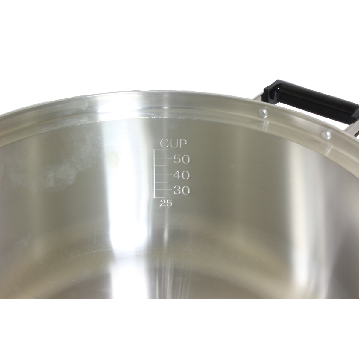 Aluminum cook pot interior with cup level markings