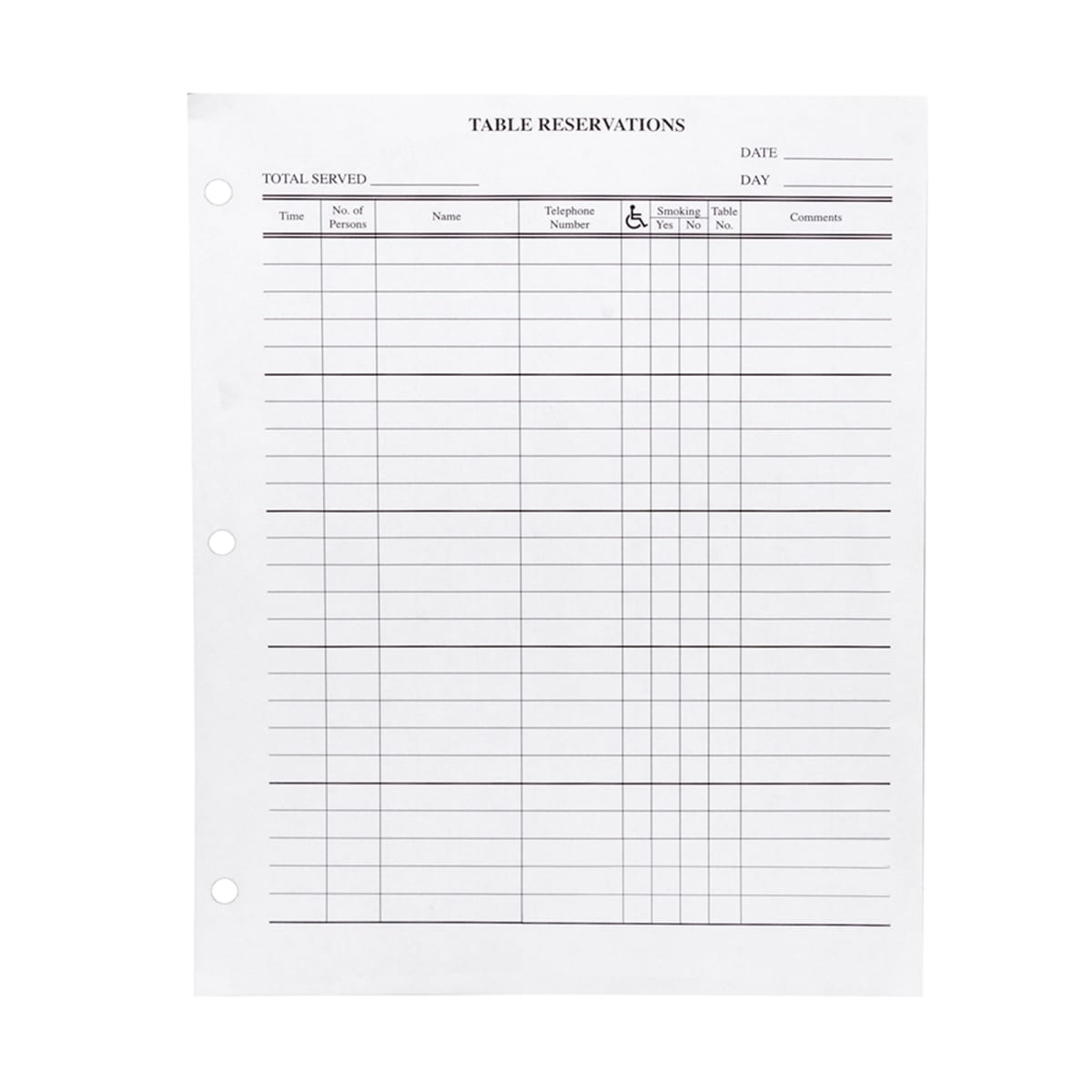 H. Risch reservation filler sheet showing Table Reservations columns including Time, No. of Persons, Name, Telephone Number, and Comments