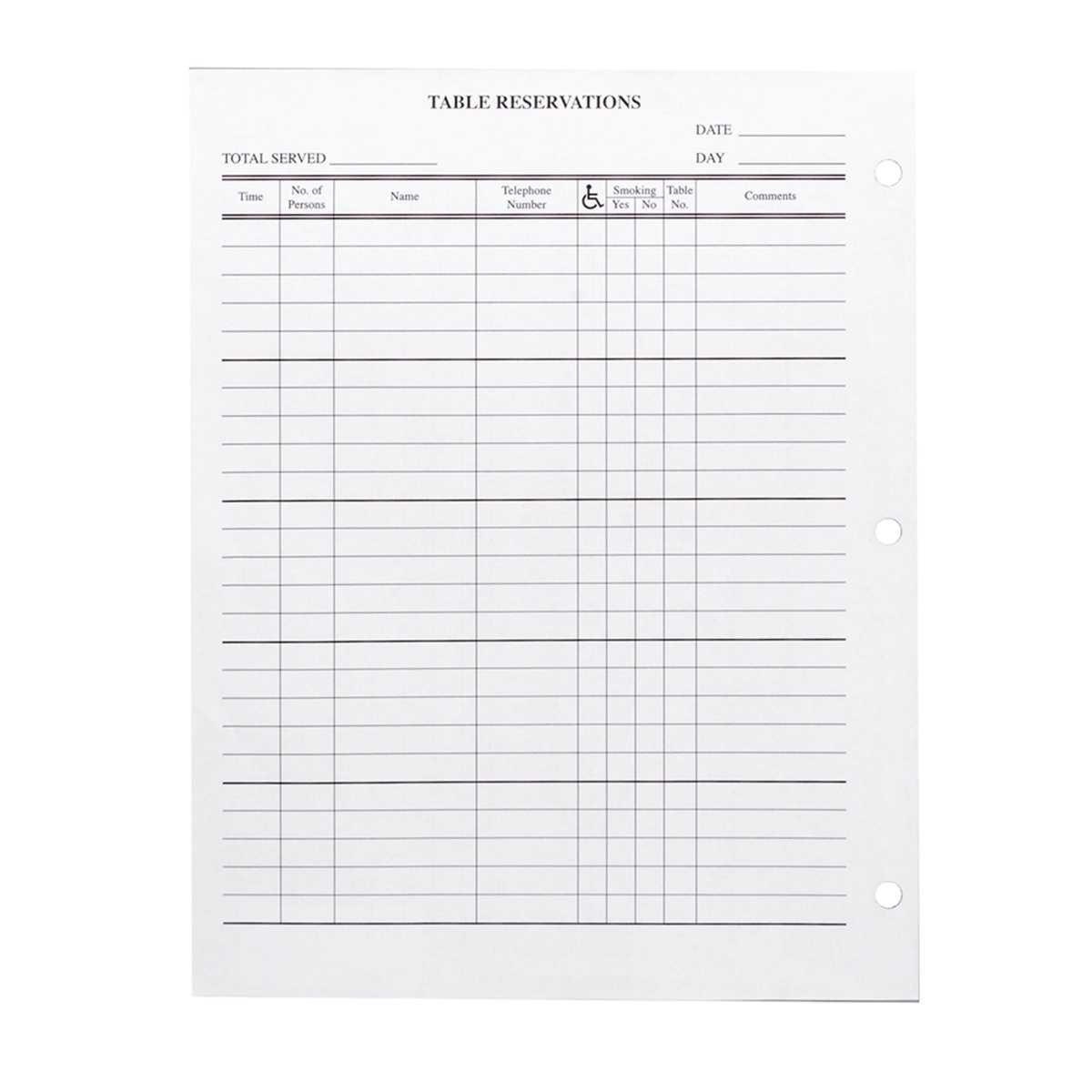 Reverse side of H. Risch Table Reservations sheet showing 3-hole punch on the right edge and full grid layout