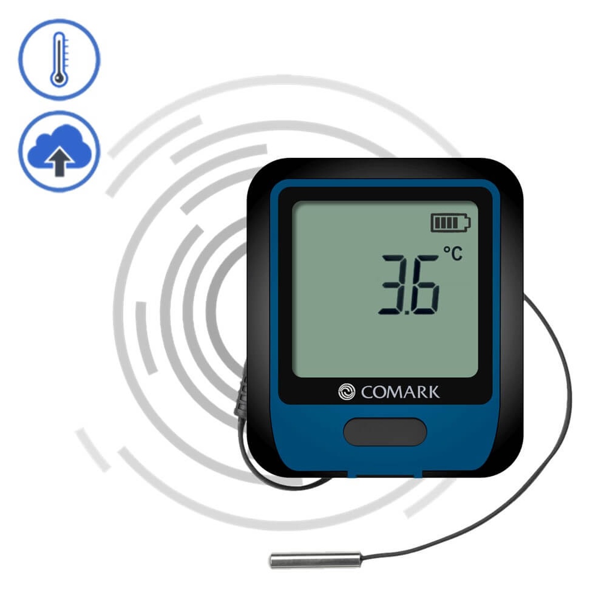 Comark RF312-TP WiFi temperature data logger with LCD display showing 3.6°C and attached thermistor probe