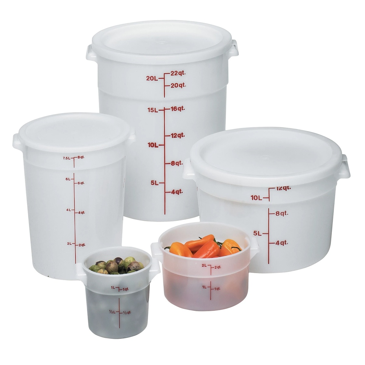 Group of Cambro white round polyethylene food storage containers in multiple sizes from 1 qt to 22 qt with lids